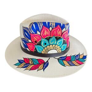 HAT MEXICAN Artisanal Hand Painted Fedora Mandala Sombrero Panama Bohemian White